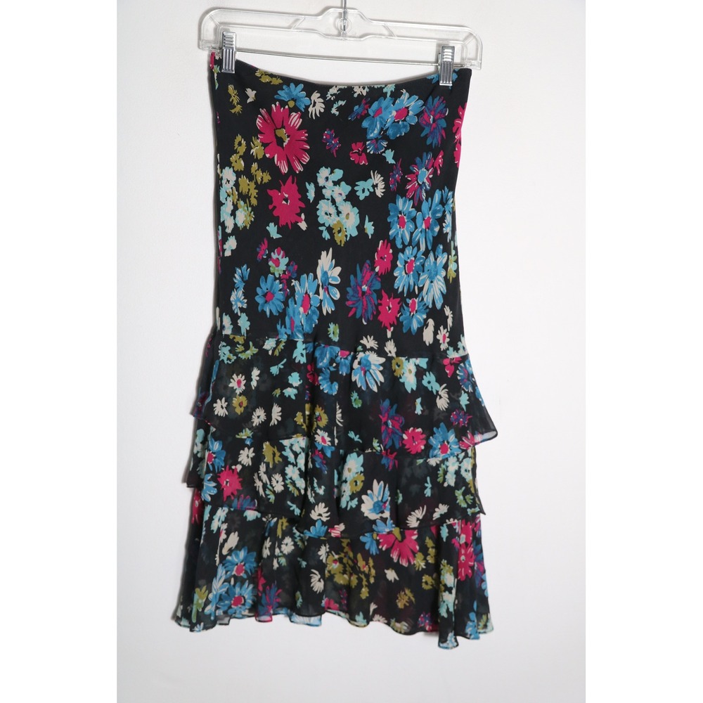 Vintage Express Y2K 100% Silk Floral Tiered Midi Skirt XS Black Whimsy Fairy